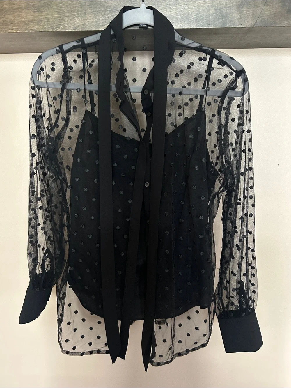 JCrew Sheer Polka Dot Tie-Neck Blouse - Black